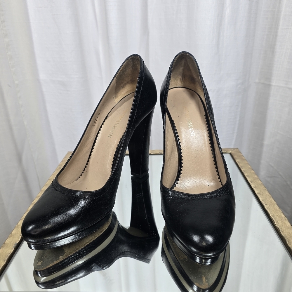 Emporio Armani Black Leather Pumps Block Heels - Picture 12 of 15